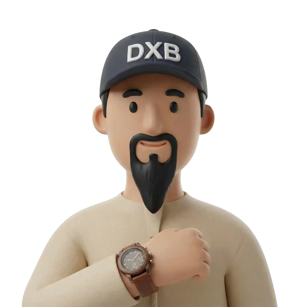 3D portrait bust of a male Emirati wearing a beige kandura and a dark navy baseball cap with "DXB" embroidery, a long pointed black goatee, subtle smile, and a brown leather wristwatch; isolated on a transparent/black background. The pose shows the character with one hand near the chest, neutral friendly expression, and simple stylized facial features.
