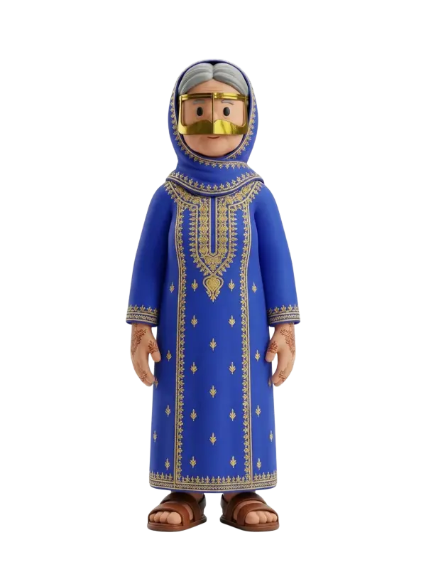 Full-body 3D character of an elderly Emirati woman wearing a blue embroidered thobe and matching headscarf with a golden burqa, grey hair, henna-decorated hands, and brown leather sandals, standing in a neutral pose against a black background.