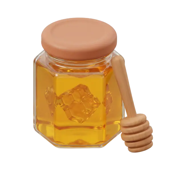 3D render of a hexagonal glass jar filled with golden Sidr honey and visible honeycomb pieces, topped with a terracotta-coloured lid and a wooden honey dipper leaning against the jar, isolated on a black background.