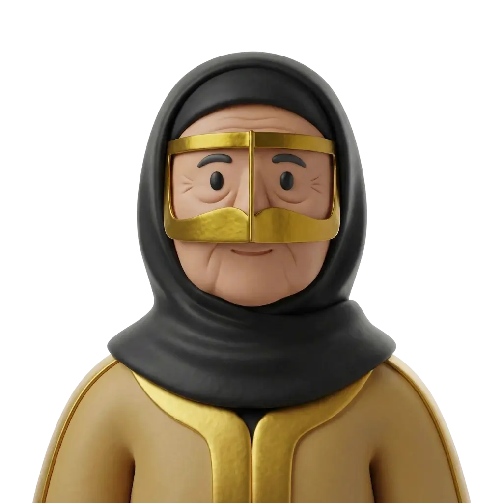 3D portrait bust of an elderly Emirati woman wearing a black shayla and a gold battoulah face mask, with a beige-gold trimmed abaya, soft wrinkles and a gentle smile. She faces forward against an isolated dark background.