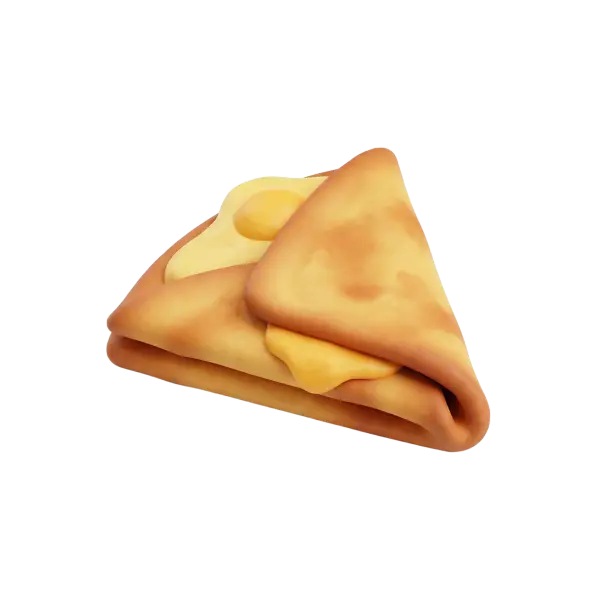 3D render of a folded triangular Emirati regag flatbread filled with a fried egg and melted cheese, golden-brown toasted surface and soft melted filling, isolated on a black background.