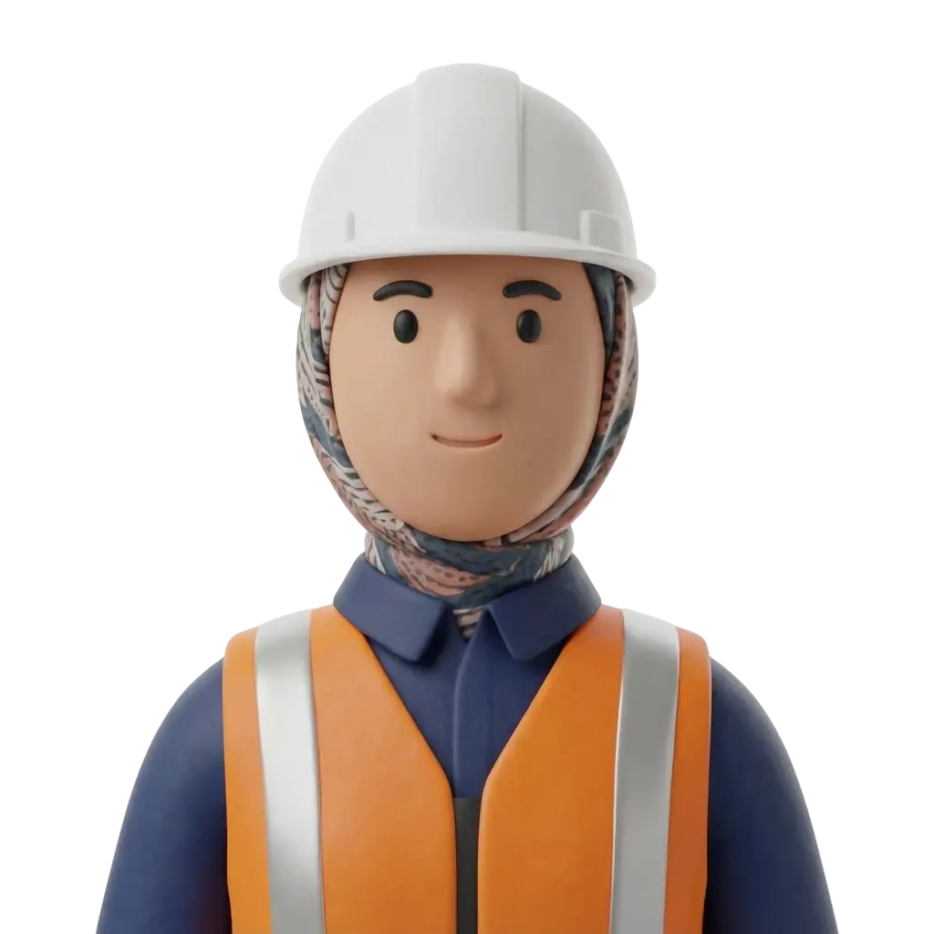 3D portrait bust of a female engineer/architect wearing a patterned hijab under a white hard hat, an orange high-visibility safety vest with silver reflective strips and a navy blue collared shirt. Neutral friendly expression, forward-facing pose on a solid dark isolated background.