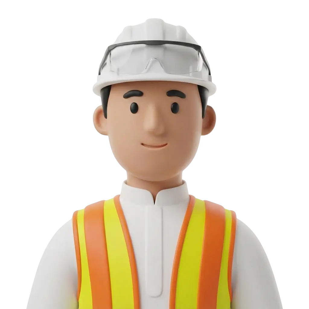 3D portrait bust of a male engineer wearing a white thobe, orange-and-yellow high-visibility safety vest, and a white hard hat with clear safety goggles; neutral smile, forward-facing pose on a black background.