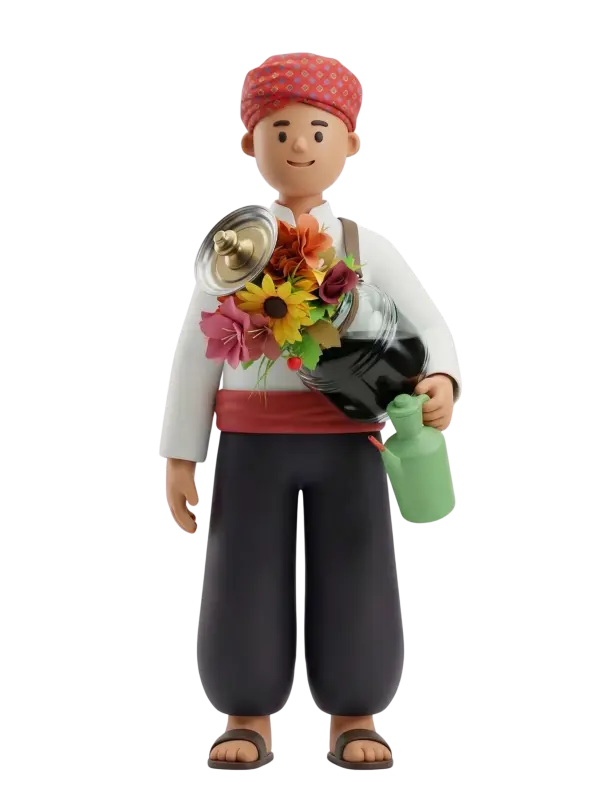 Full-body 3D character of a male licorice vendor wearing a red patterned turban, white long-sleeve shirt, red waist sash and loose black trousers, standing in sandals with a friendly smile. He holds a large glass jar of black licorice syrup with decorative flowers and a small green pouring pot, posed front-facing on a dark background.