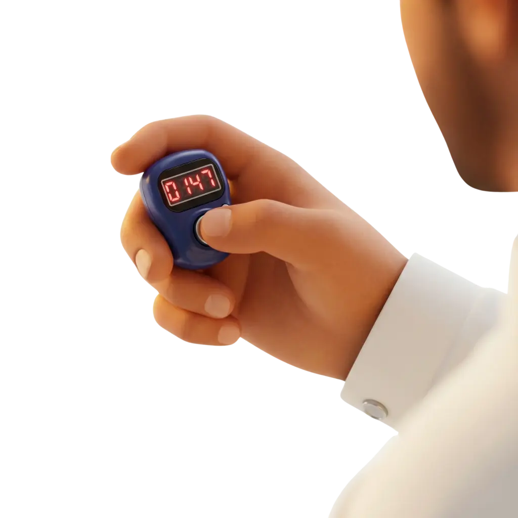 3D render of a small blue electronic tasbih counter (eSibha) with a rounded ergonomic plastic body, glossy finish, a central silver press button and a red LED numeric display showing 0147. Isolated on a transparent background.