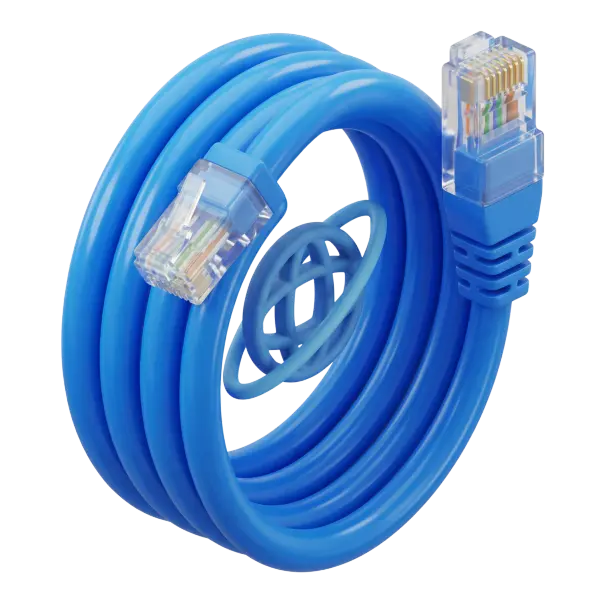 3D render of a coiled blue Ethernet cable with clear RJ45 connectors, glossy PVC finish and visible colored wires inside the plugs, isolated on a transparent background.