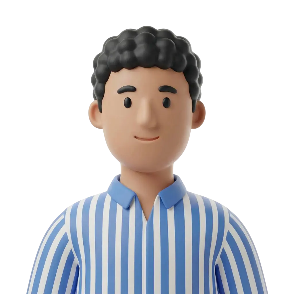 3D portrait bust of a young man with short curly black hair, wearing a blue-and-white vertically striped collared shirt, neutral smile and simple black oval eyes; smooth matte finish on an isolated black background.