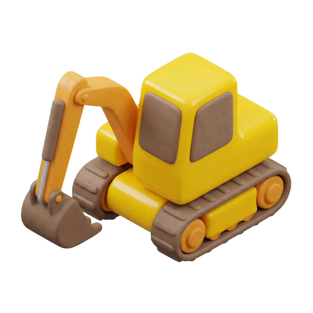 3D render of a stylized yellow toy excavator with rounded shapes, brown rubbery tracks and bucket, glossy yellow cabin and matte brown details, isolated on a transparent background.