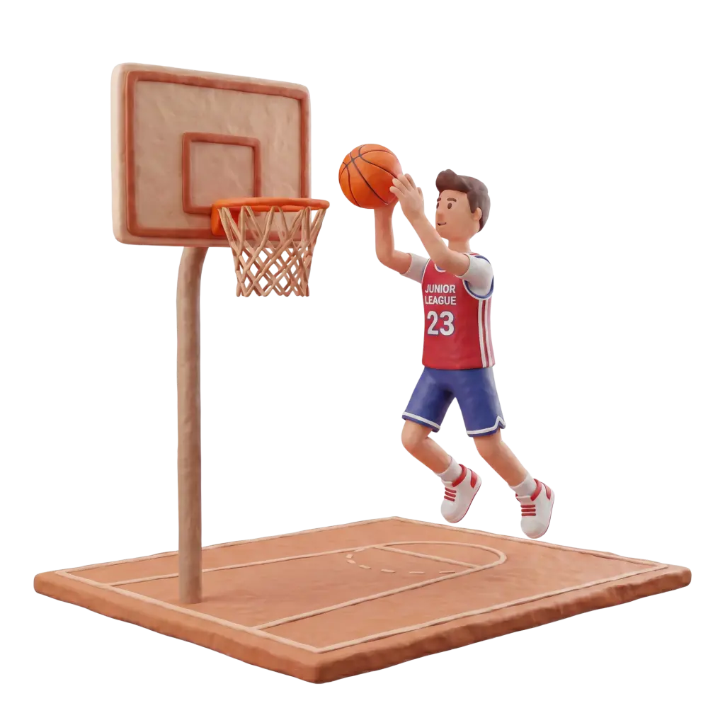 Full-body 3D scene of a single male teenage basketball player in a red "Junior League" jersey and blue shorts jumping to make a layup while holding an orange basketball beside a wooden backboard and hoop on a stylized court piece. Isolated on a transparent/black background.