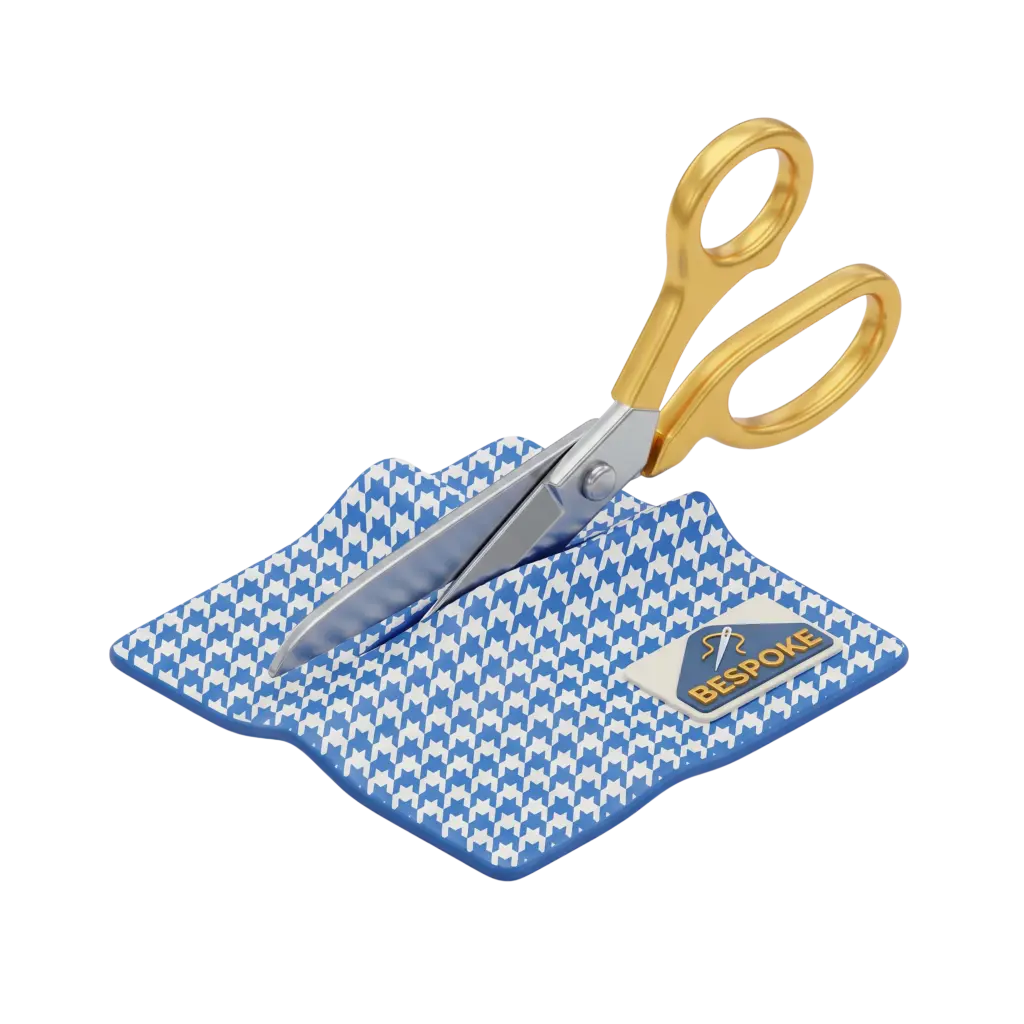 3D render of a pair of fabric scissors with gold metallic handles and shiny stainless blades resting on a blue-and-white houndstooth fabric swatch featuring a 'BESPOKE' label, glossy metal finish and patterned textile detail, isolated on a black background.
