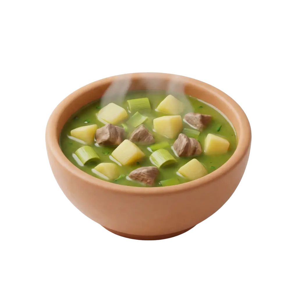 3D render of a steaming bowl of Fah-Fah soup in a terracotta bowl showing a green broth with potato cubes, lamb chunks, and leek pieces on a transparent background.