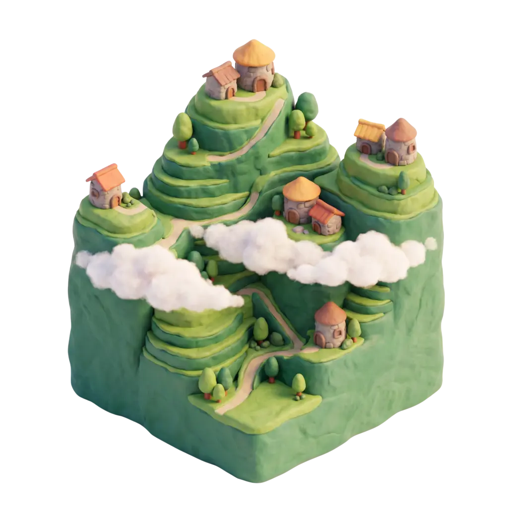 3D clay-style depiction of terraced green mountains with small round stone houses and scattered trees, low fluffy clouds wrapping mid-slopes, shown from a slightly elevated perspective with soft, warm lighting on a black isolated background.