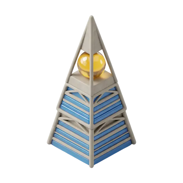 3D render of a stylized pyramidal Faisaliah Tower icon with a beige matte frame, stacked glossy blue glass bands, and a reflective yellow-gold sphere sitting at the apex. Isolated on a dark/black background as an isolated render.