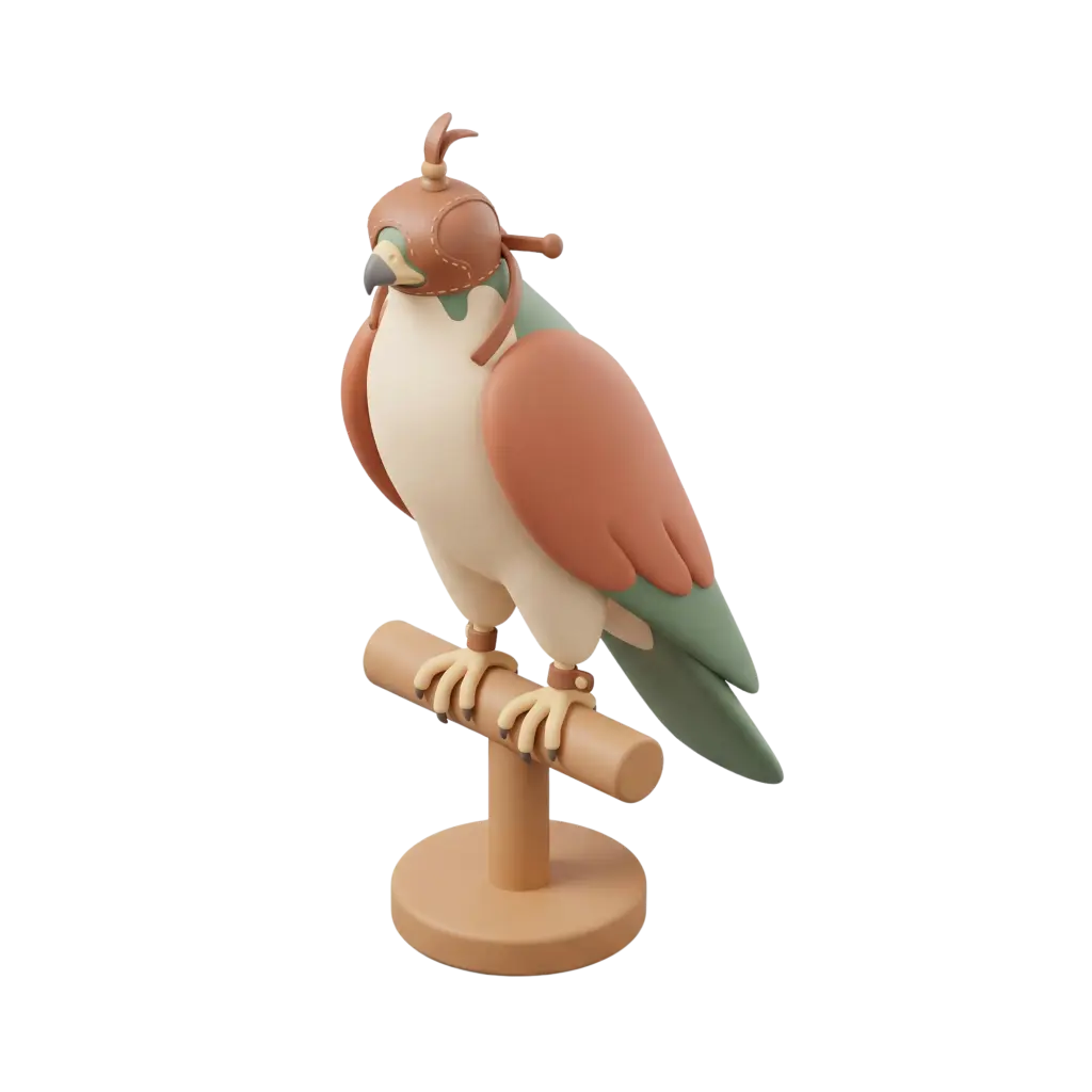 3D render of a stylized falcon perched on a small T-stand, wearing a stitched leather falconry hood; matte pastel surfaces in terracotta, cream and muted green. Isolated on a transparent background.