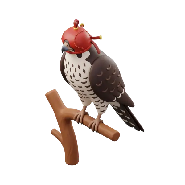 3D render of a stylized falcon perched on a wooden T-stand, brown and cream plumage, wearing a red leather falcon hood with visible stitched details, smooth matte finish, isolated transparent background.