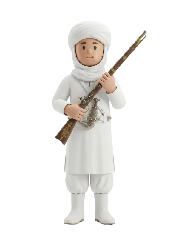 Full-body 3D character of a male North African fantasia rider wearing a white turban and long white tunic with baggy trousers and white boots, holding an ornate long musket across his chest and a decorated dagger on his belt. Neutral smiling expression, frontal pose, isolated on a transparent/black background.