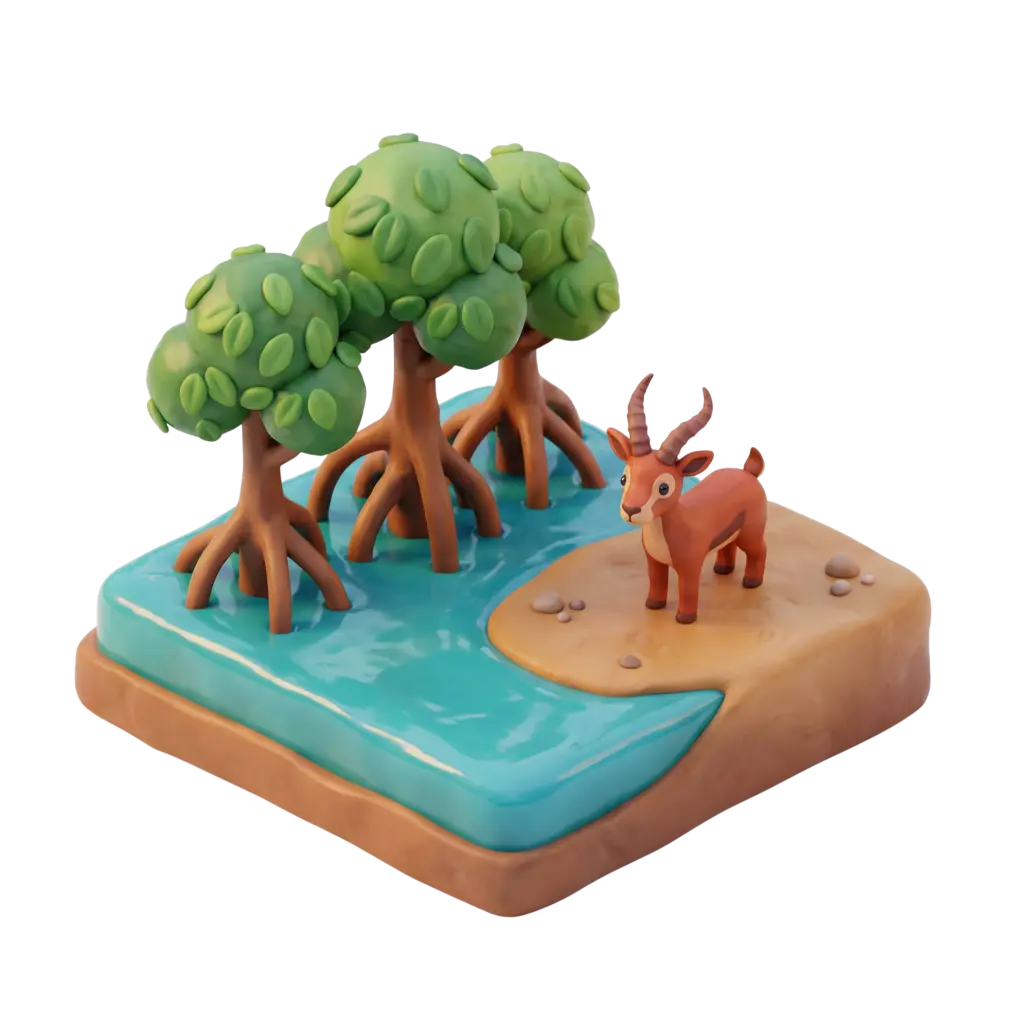 3D clay-style depiction of three mangrove trees with exposed stilt roots standing in shallow turquoise water beside a small sandy islet with a stylized brown antelope; glossy, soft surfaces in a three-quarter perspective with studio lighting.