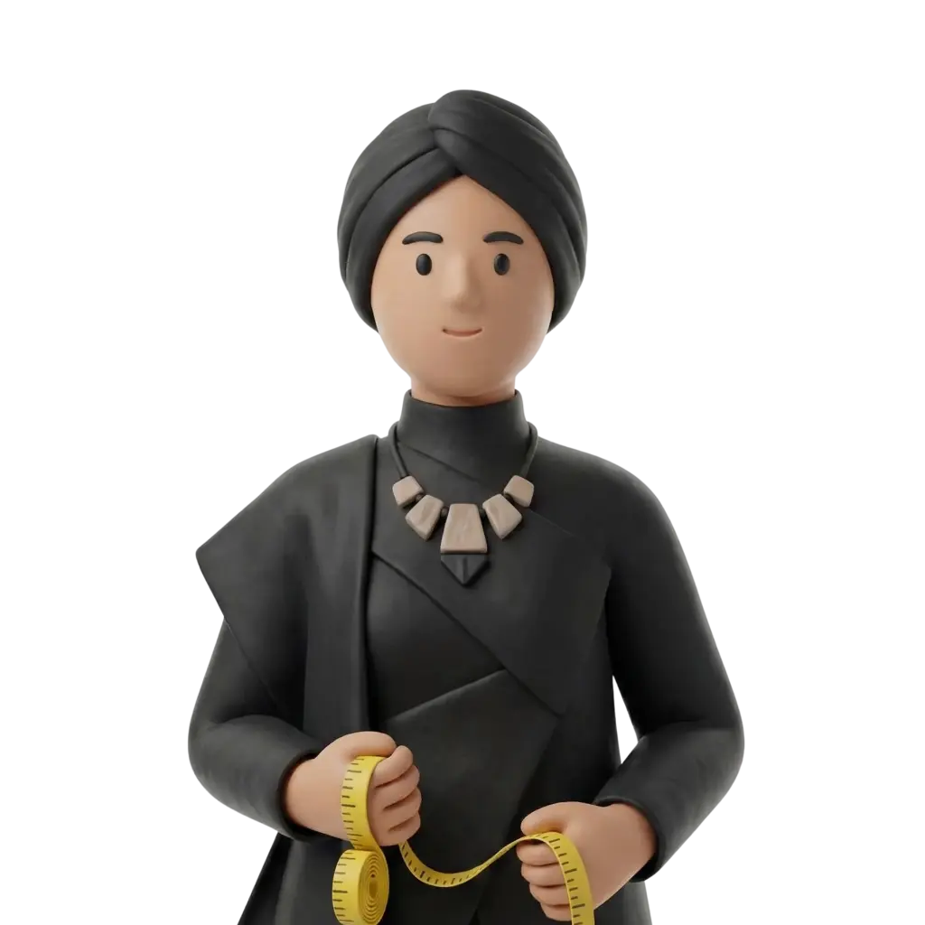 3D portrait bust of a female fashion designer wearing a black turban-style hijab and a matching modest black outfit, holding a yellow measuring tape and wearing a geometric beige necklace. Neutral smile with a forward gaze, hands visible holding the tape, isolated on a black background.