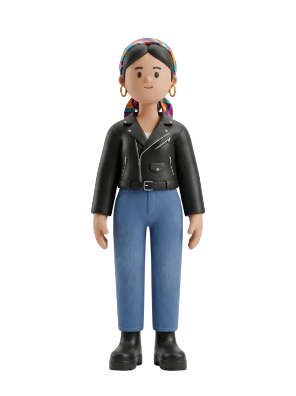 Full-body 3D character of a young woman wearing a black leather biker jacket, blue straight jeans, and black chunky boots, with a colorful patterned headscarf tied at the back and gold hoop earrings, neutral smile and relaxed standing pose against a plain black background.