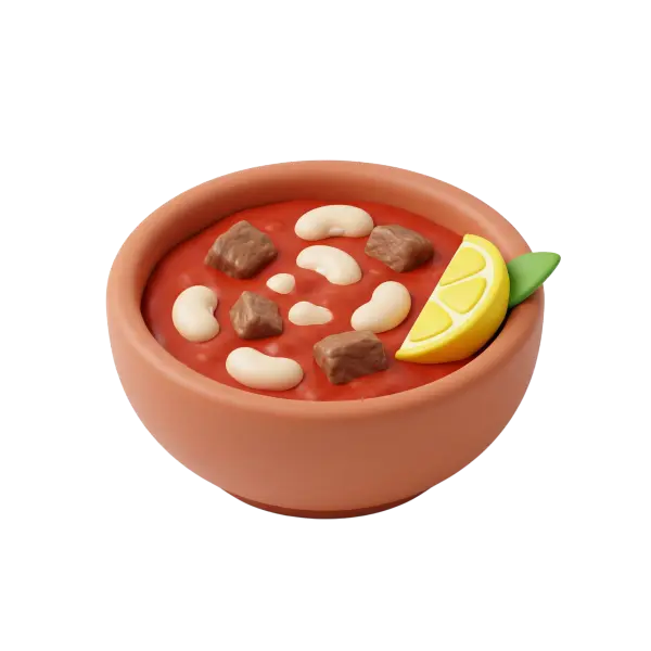 3D render of a terracotta bowl of red stew showing plump white beans, brown meat cubes, and a lemon wedge with a green leaf on the rim against a black background.