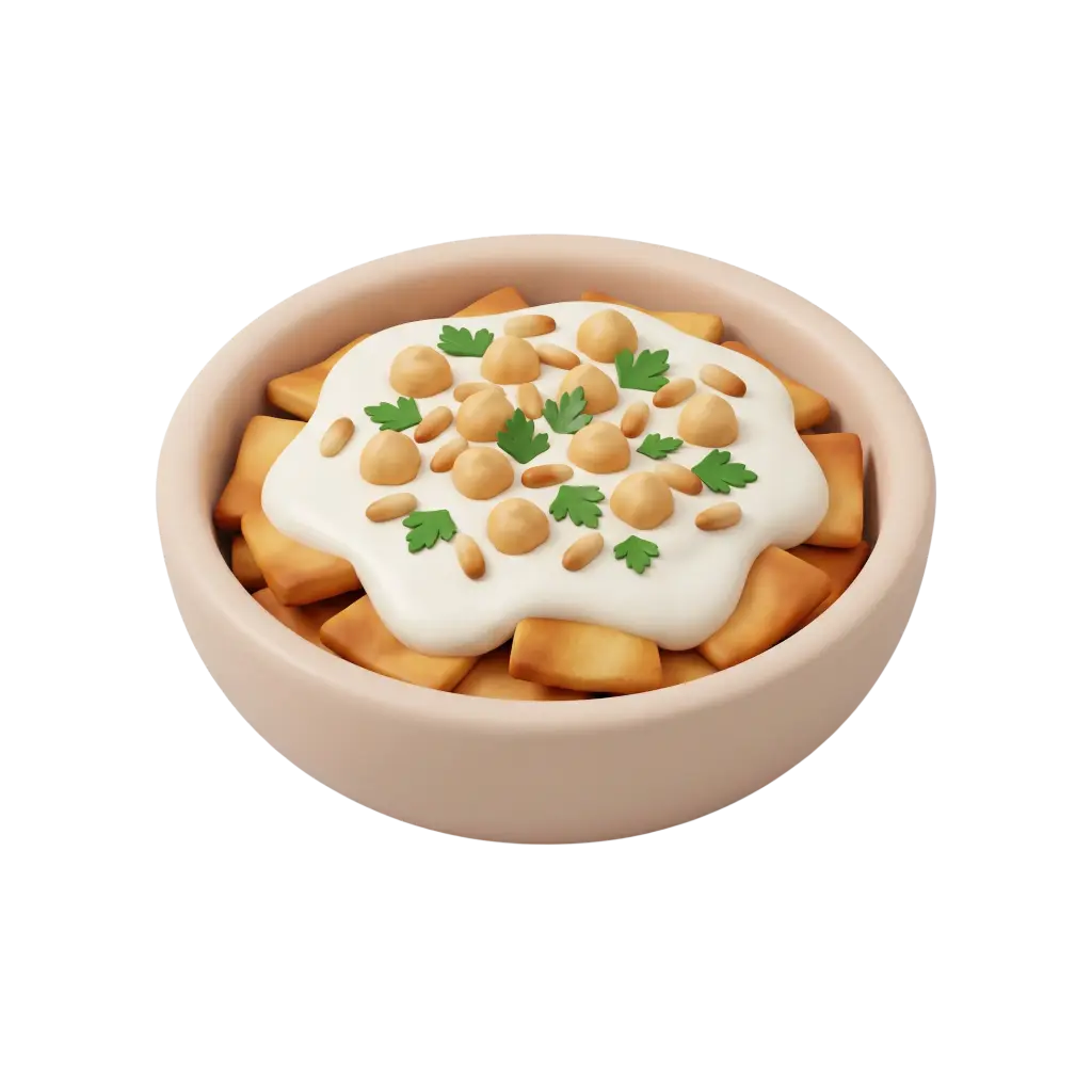 3D render of a bowl of fatteh showing toasted bread pieces topped with a white yogurt-tahini sauce, whole chickpeas, toasted pine nuts and green parsley leaves in a beige ceramic bowl against a dark background.