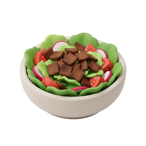 3D render of a fattoush salad in a white ceramic bowl, showing green lettuce leaves, radish slices, tomato wedges and brown toasted pita croutons on a black background. Ingredients are arranged in layered, stylized shapes with smooth, slightly rounded forms.