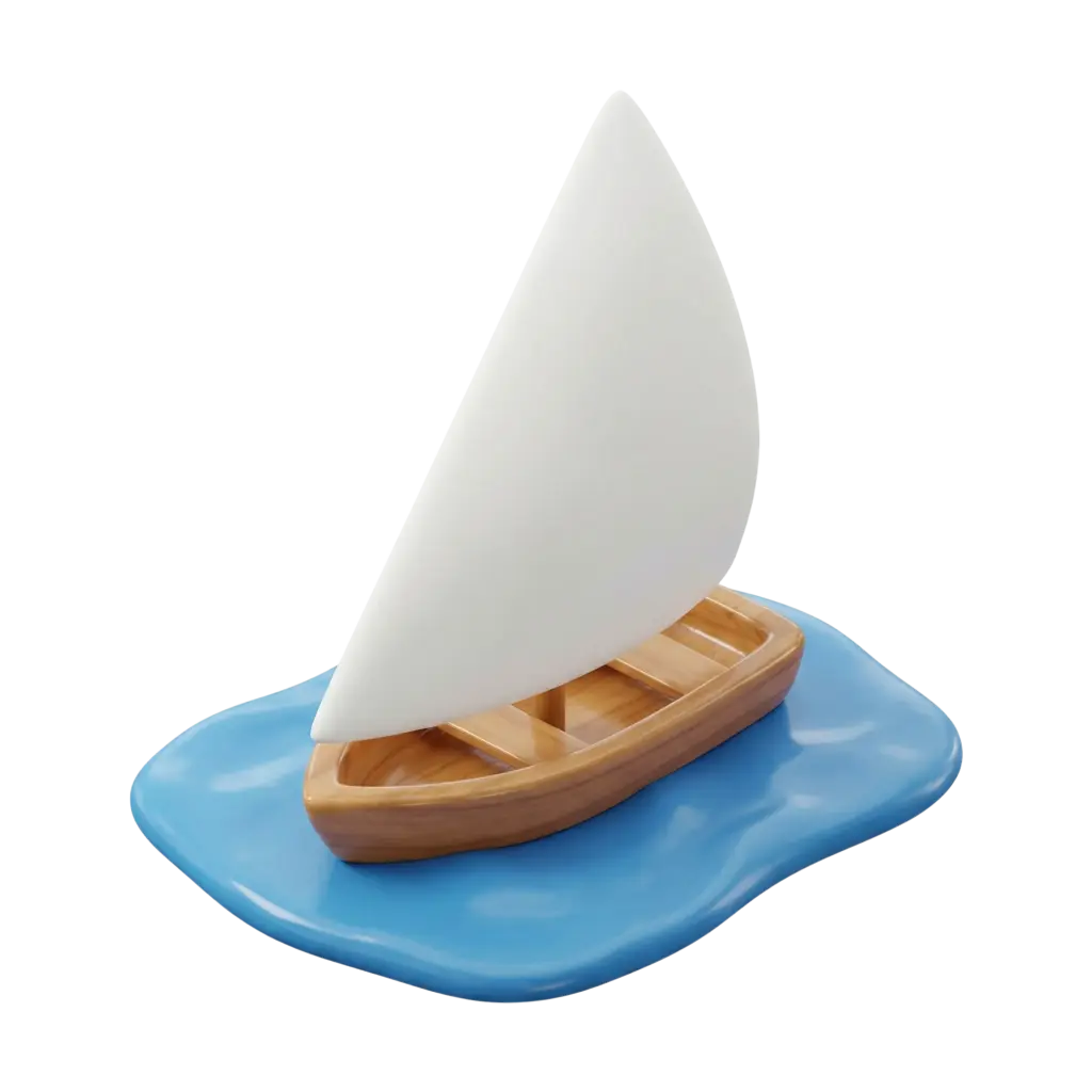 3D render of a stylized felucca sailboat with a glossy wooden hull and a smooth matte white sail, floating on a glossy blue water patch; isolated on a transparent background.