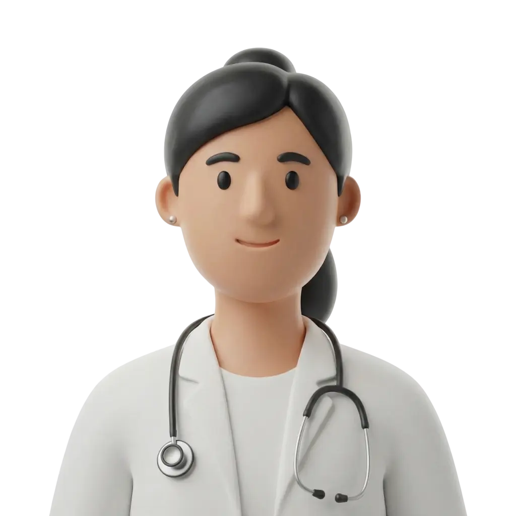 3D portrait bust of a female doctor wearing a white coat and stethoscope, dark hair pulled back in a low bun, small pearl stud earrings, neutral friendly expression, facing forward against a dark/isolated background.
