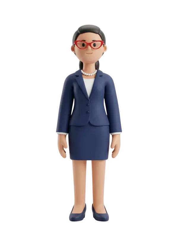 Full-body 3D character of a female executive wearing a navy-blue skirt suit and white blouse, red cat-eye glasses and a pearl necklace, hair tied back with a neutral smile and relaxed arms. Isolated on a solid black background.