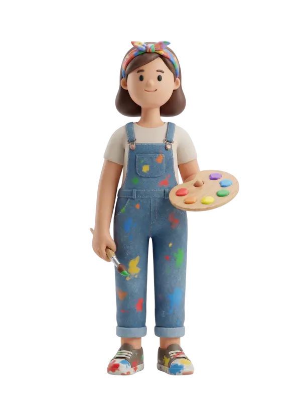 Full-body 3D character of a female painter wearing paint-splattered denim overalls, a white t-shirt, colorful headband and paint-stained sneakers, holding a wooden palette and a paintbrush with a friendly smile and relaxed pose. Black isolated background.