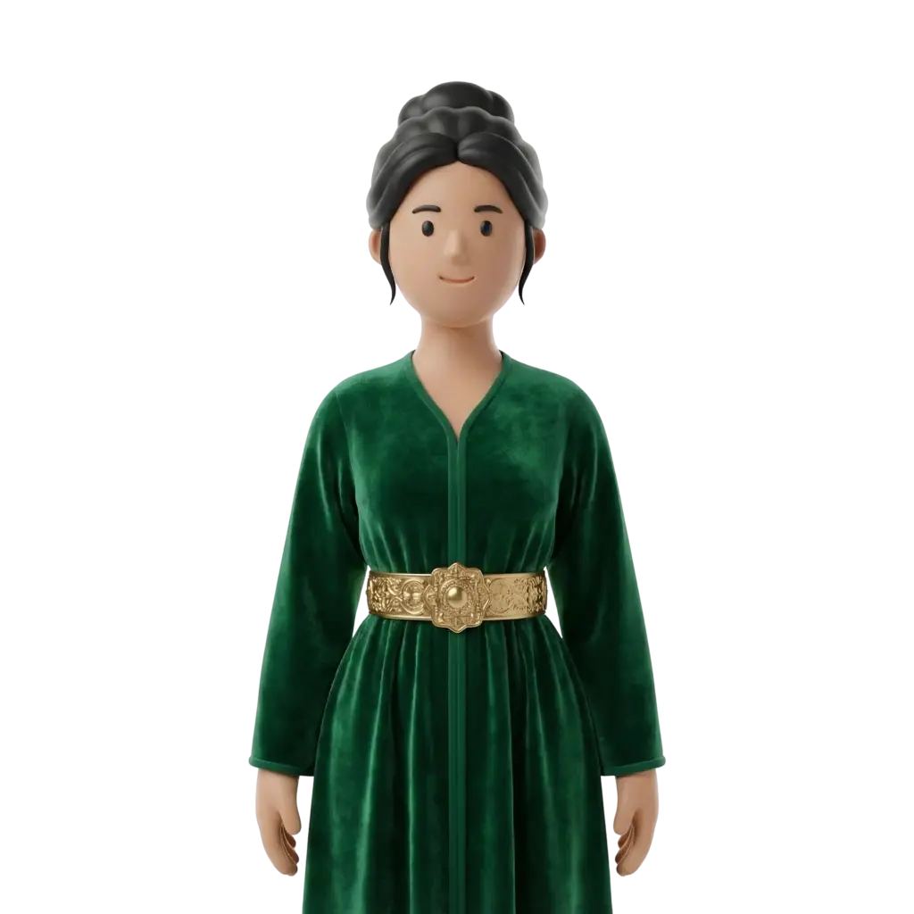 3D portrait bust of a female wearing a deep green velvet Fes caftan with an ornate gold belt, hair in a neat bun, neutral smile, hands visible at her sides, isolated black background.