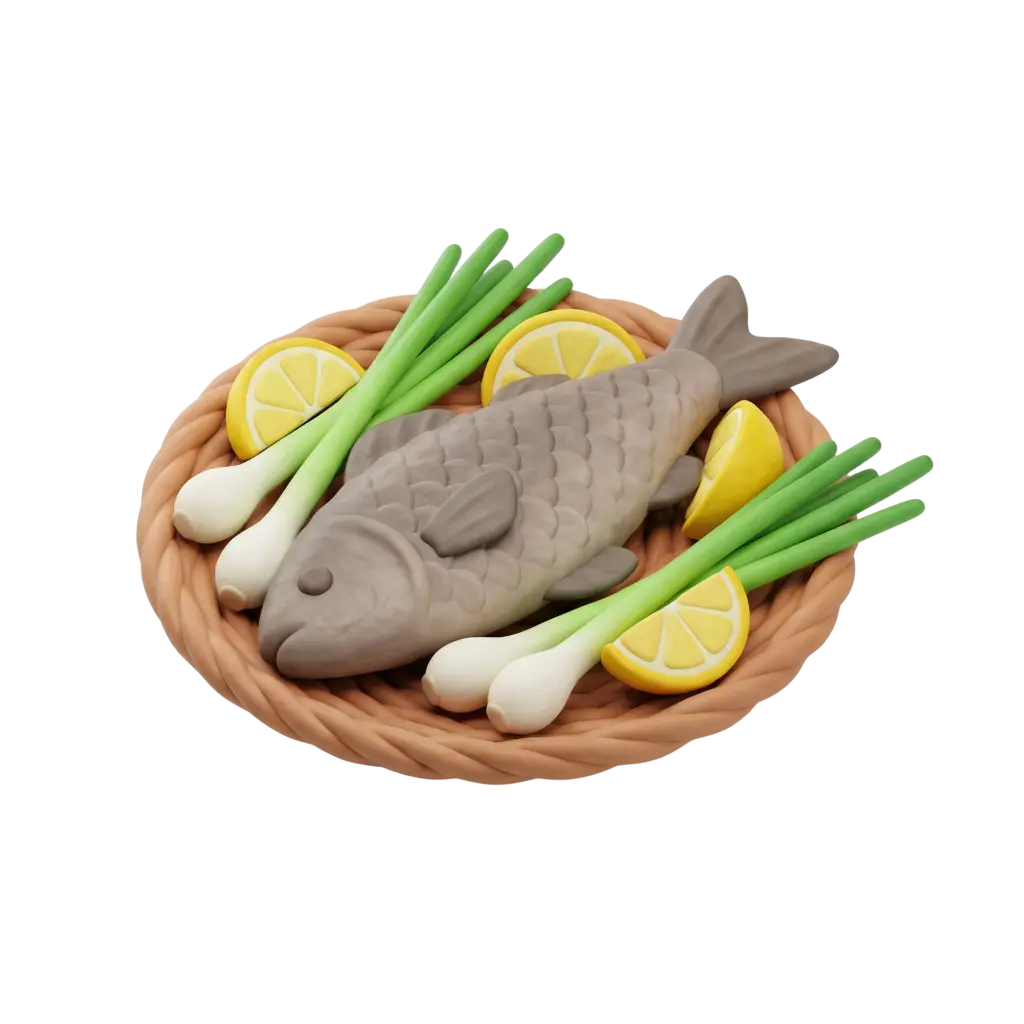 3D render of a whole grey-brown salted fish (fesikh) placed on a woven basket plate, surrounded by bright green scallions and yellow lemon wedges; smooth, clay-like textures on a black isolated background.