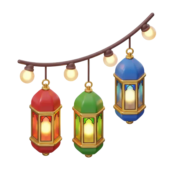 3D render of three hanging decorative lanterns in red, green, and blue with gold metallic frames and glowing warm bulbs, featuring glossy colored glass panels and a curved brown cord with globe string lights. Isolated render on a black background.
