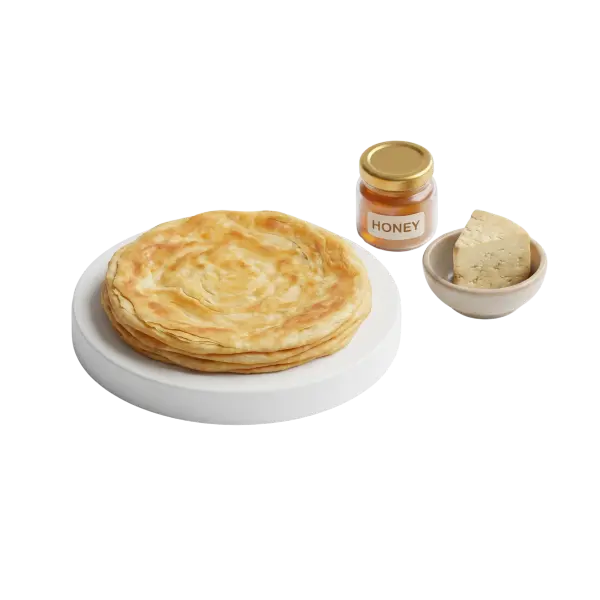 3D render of a stack of golden, flaky feteer meshaltet placed on a white round pedestal, accompanied by a small jar of honey and a bowl of white cheese; crisp layered texture and buttery sheen visible against a black background.