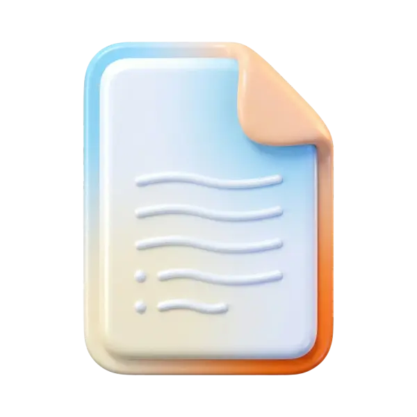 3D render of a stylized document file icon with rounded corners and a folded top-right corner, rendered in a soft pastel blue-to-orange gradient with a glossy plastic finish and embossed wavy lines and bullet dots. Isolated on a transparent background.