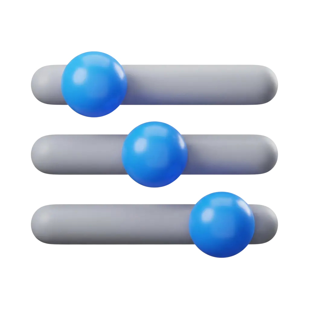 3D render of three horizontal rounded gray slider bars with glossy blue spherical knobs, matte bar finish and soft shadows, isolated on a transparent background.