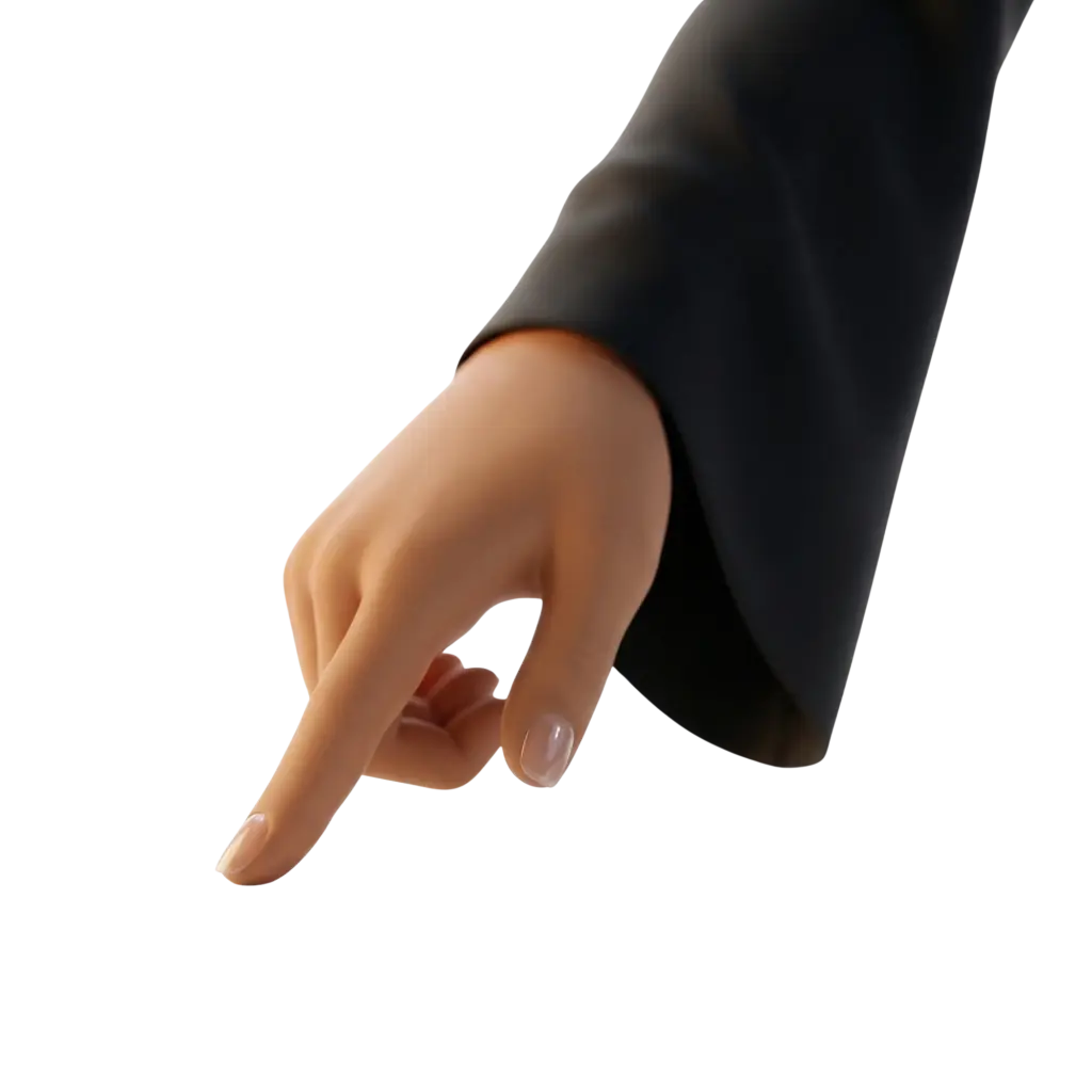 3D render of a realistic stylized hand with the index finger extended, smooth skin tone and glossy natural nails. The hand emerges from a matte black long sleeve against a solid black background.