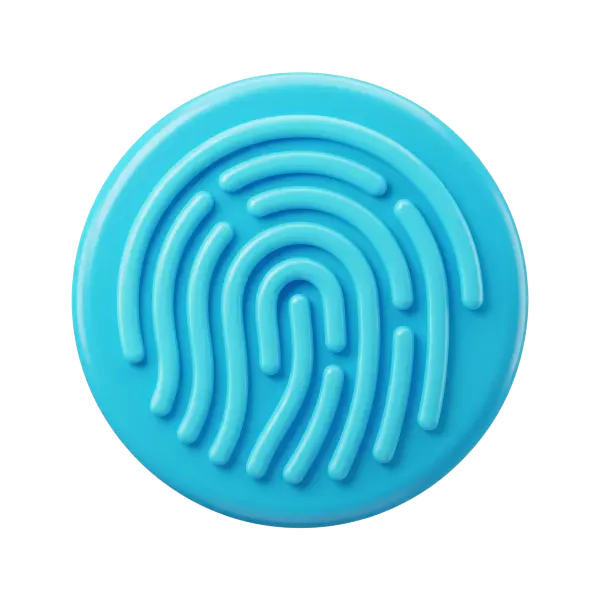 3D render of a circular turquoise glossy plastic disc with raised fingerprint ridges and smooth rounded edges, isolated on a transparent background.