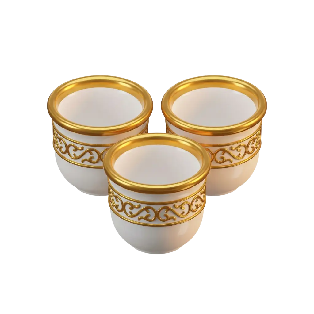 3D render of three small white ceramic finjan cups with glossy gold rims and an ornate raised gold filigree band around each, rounded tapered shape and shiny ceramic finish, isolated on a black background.