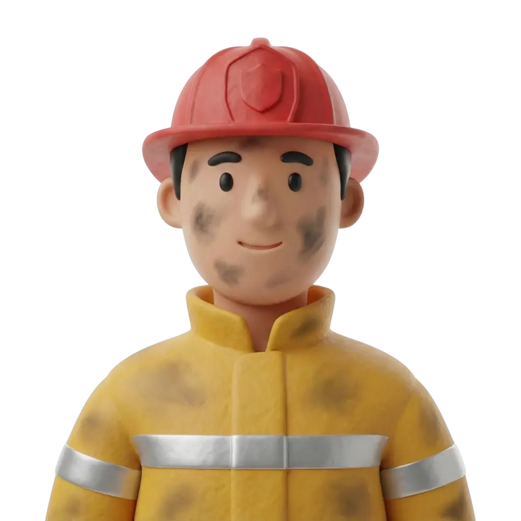 3D portrait bust of a male firefighter wearing a red helmet and a yellow turnout coat with reflective silver stripes, face smudged with soot and a calm smile. Frontal pose on a black background.