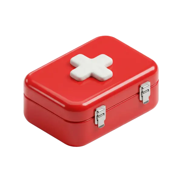 3D render of a glossy red rectangular first-aid box with rounded corners, a raised white cross on the lid, and polished metallic latches on a black isolated background.