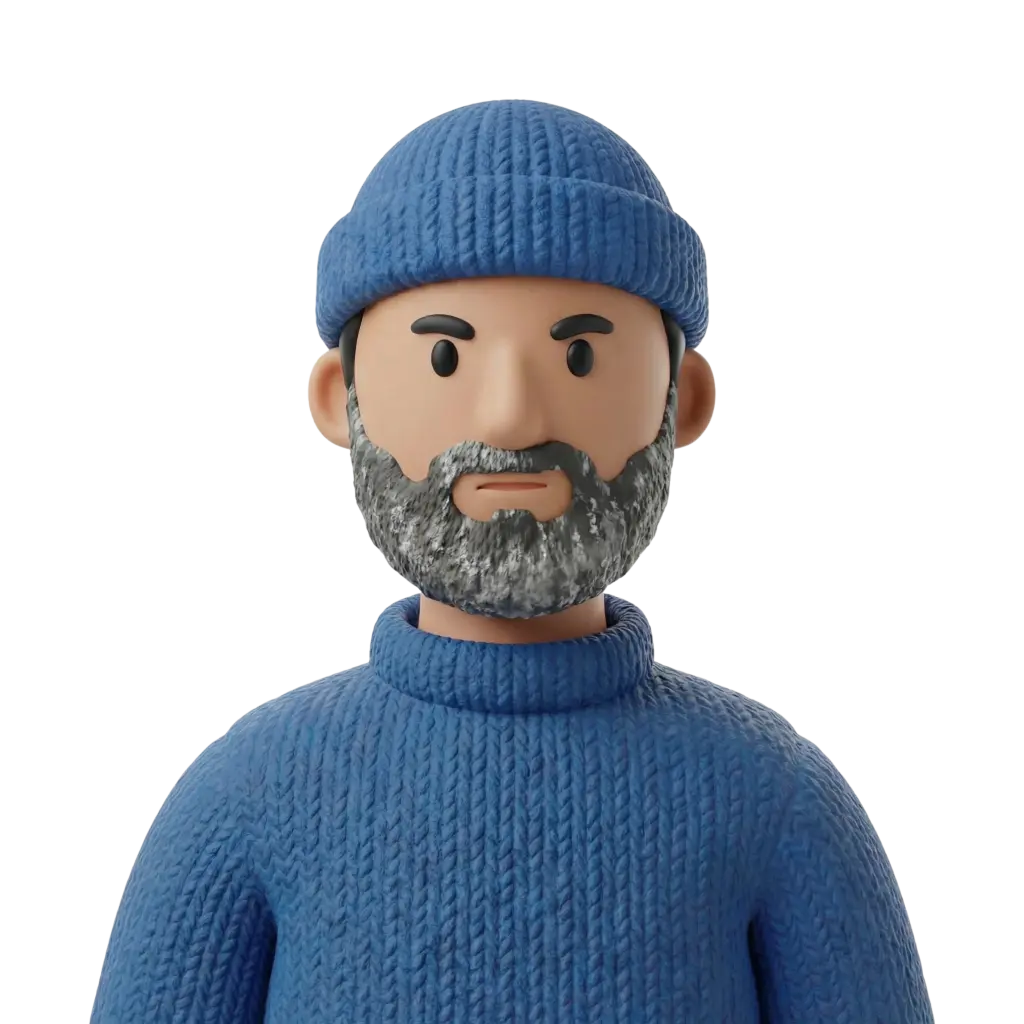 3D portrait bust of a male Moroccan fisherman wearing a blue knit beanie and matching blue wool sweater, with a salt-and-pepper beard, neutral expression, and forward-facing pose. Isolated on a dark background.