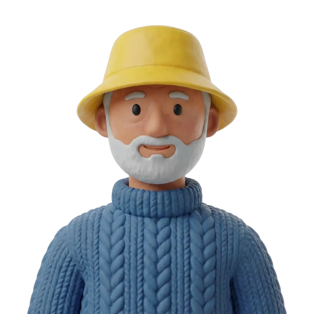 3D portrait bust of a male Lebanese fisherman wearing a yellow fisherman's sou'wester hat and a thick blue cable-knit sweater, with white beard and eyebrows and a gentle smile, front-facing pose on a black isolated background.