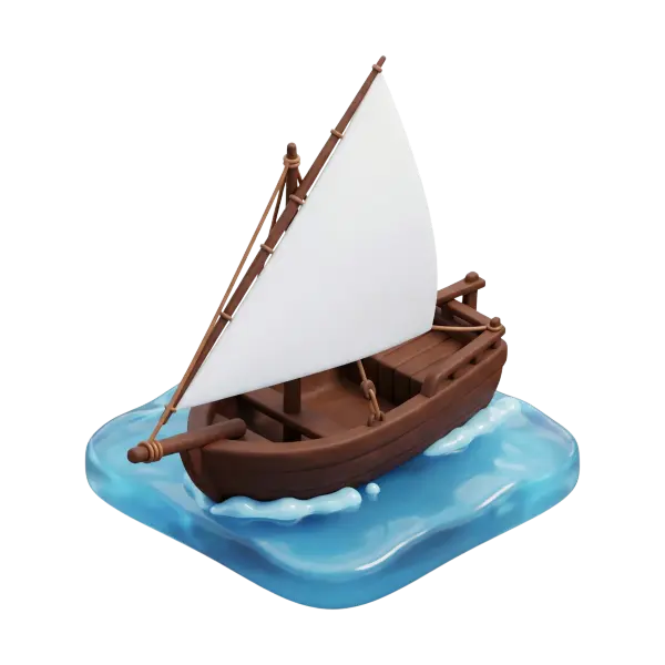 3D render of a stylized wooden fishing boat with a single white triangular sail, matte brown wood finish, rope details and simple oars, floating on a glossy blue water base; isolated render on black background.