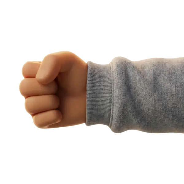 3D render of a stylized closed fist with warm skin tone and smooth matte finish, wearing a grey sweatshirt sleeve with a ribbed cuff, isolated on a transparent background.