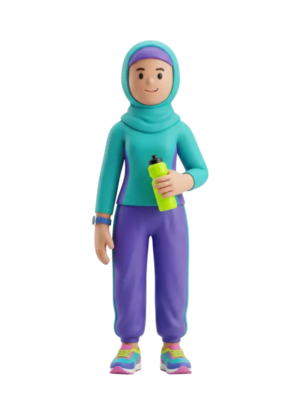 Full-body 3D character of a young woman wearing a turquoise hijab and matching teal athletic top with purple side panels, purple jogger pants and colorful sneakers; she holds a neon green water bottle and wears a smartwatch, smiling in a relaxed standing pose against a plain black background.