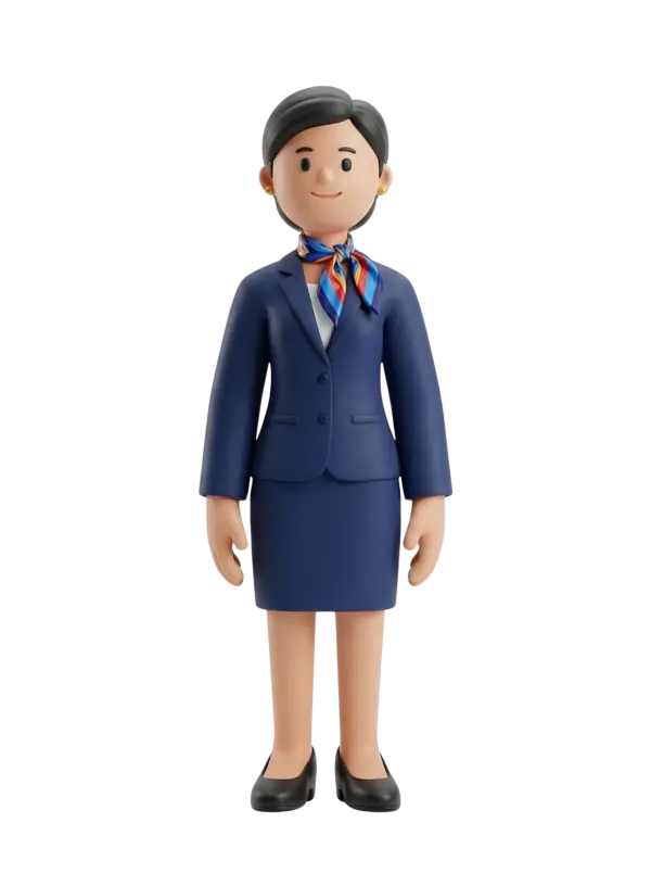 Full-body 3D character of a female flight attendant wearing a navy blue blazer and skirt, a colorful striped neck scarf, small gold stud earrings, short black hair, neutral smile, standing pose with black low-heeled shoes; isolated on a dark/transparent background.