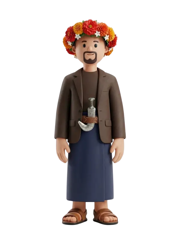 Full-body 3D character of a man wearing a colorful flower crown (red, orange, yellow, white), a brown jacket over a dark shirt, a blue wrapped skirt (izar), a leather belt with a traditional curved jambiya dagger, sandals, and a short goatee. Neutral standing pose with a friendly expression on an isolated black background.