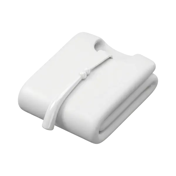 3D render of a folded white thobe with a smooth, glossy fabric-like finish, featuring a narrow collar and a glossy decorative cord with two beads across the front. Isolated on a black background.