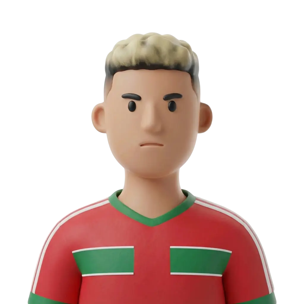 3D portrait bust of a male football player wearing a red jersey with green trim and white shoulder stripes, short bleached blond hair, neutral focused expression, facing forward against a black isolated background.